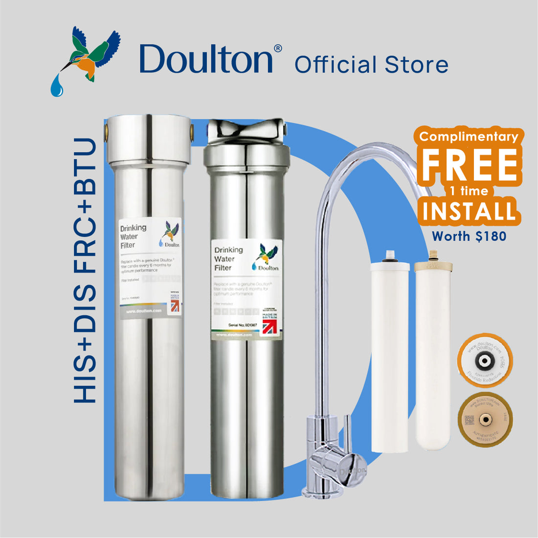 (Complimentary Free 1 x Time Installation) Doulton HIS + DIS Combo: The Ultimate Stainless Steel Undercounter Water Purification System with Fluoride Treatment and NSF-Certified Biotect Ultra Filtration!