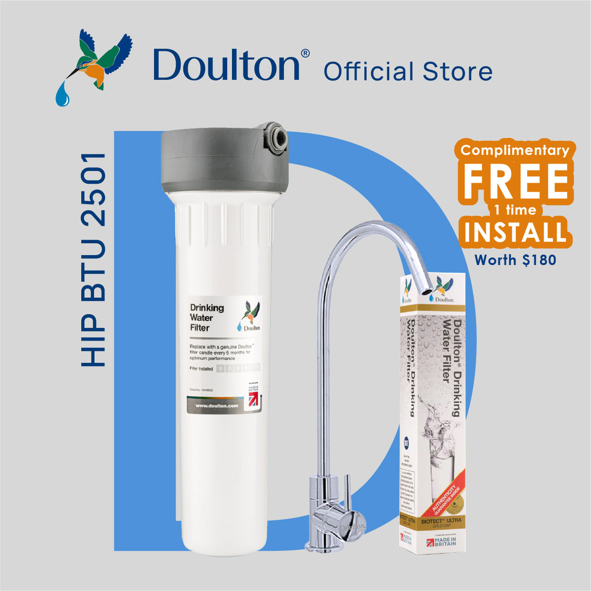 Doulton HIP Biotect Ultra BTU NSF Certified Inline Undersink Filtration - Pure Water, Simplified System